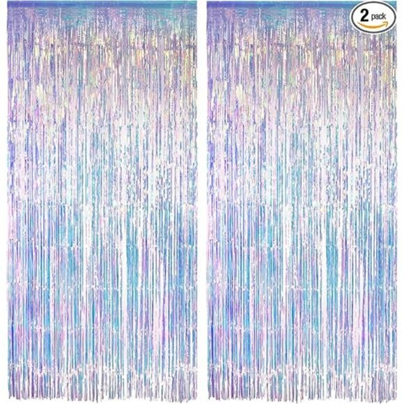 Iridescent Foil Party Streamers Backdrop 2 Pack Holographic Fringe Curtain Decor - Picture 7 of 7